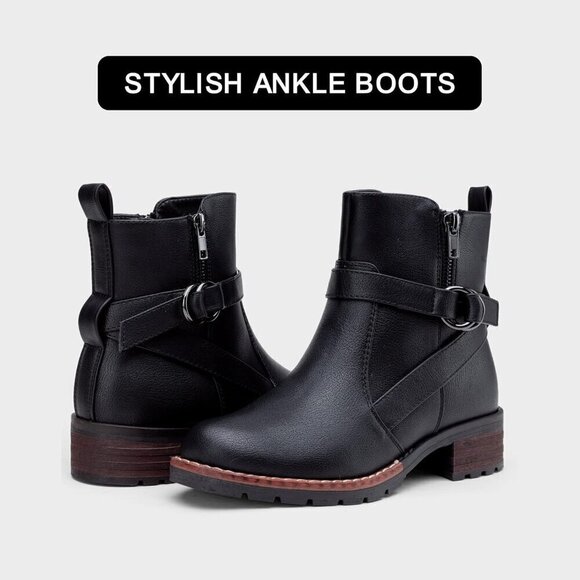 Women's 9682 Black Ankle Flat Boots Buckle Short Booties for Women's - Picture 6 of 7